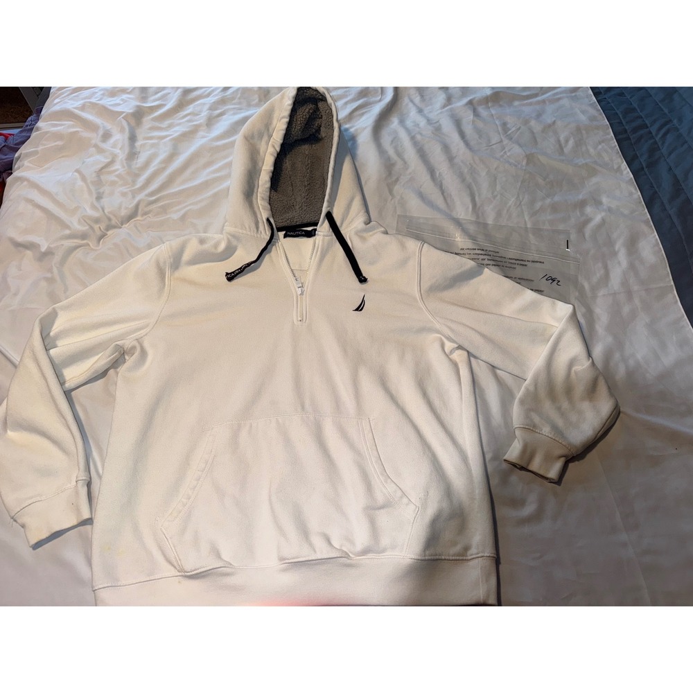 Nautica Mens XL Quarter Zip Sherpa Lined Hoodie Cream White Fleece Sweatshirt